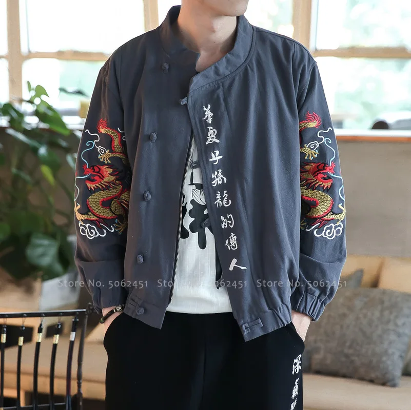 

Men Autumn Traditional Chinese Style Tang Suit Dragon Embroidery Hanfu Jackets Kung Fu Tai Chi Uniforms Long Sleeve Buckle Coats