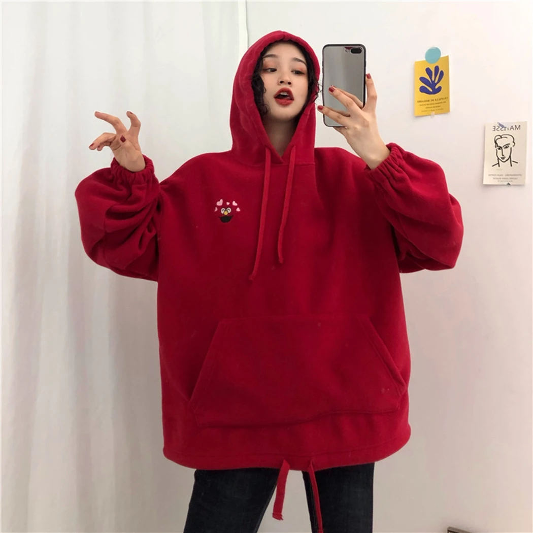 Autumn Winter 2019 Oversized Harajuku Fleece Hoodies Women Cartoon Embroidery Hoody Sweatshirt Streetwear Loose Hooded Pullover | Женская