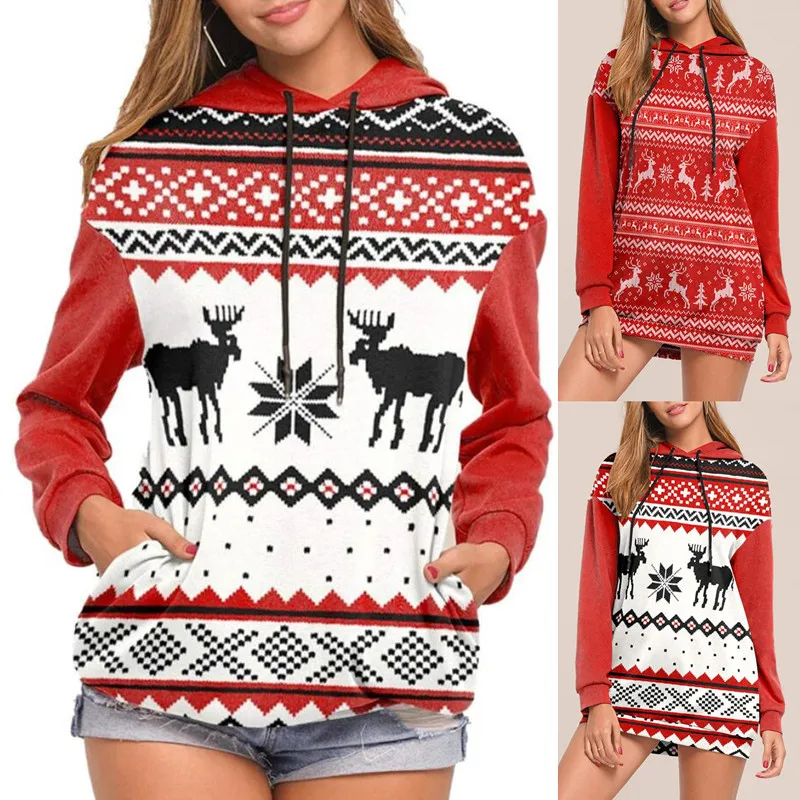 

Christmas Elk Print Long Sleeve Hooded Sweatshirt Women tie dye hoodie streetwear women