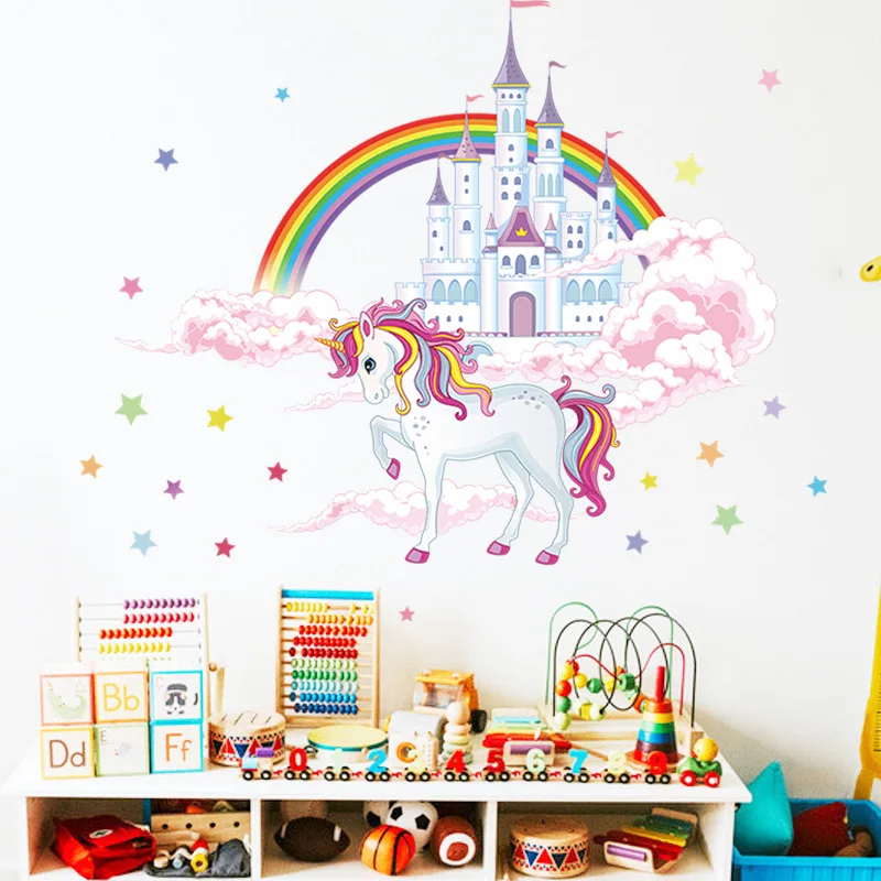 Stars Colorful Rainbow Pink Princess Castle Unicorn Wall Sticker For Girls Kids Bedroom Decor Vinyl Mural Decals | Дом и сад