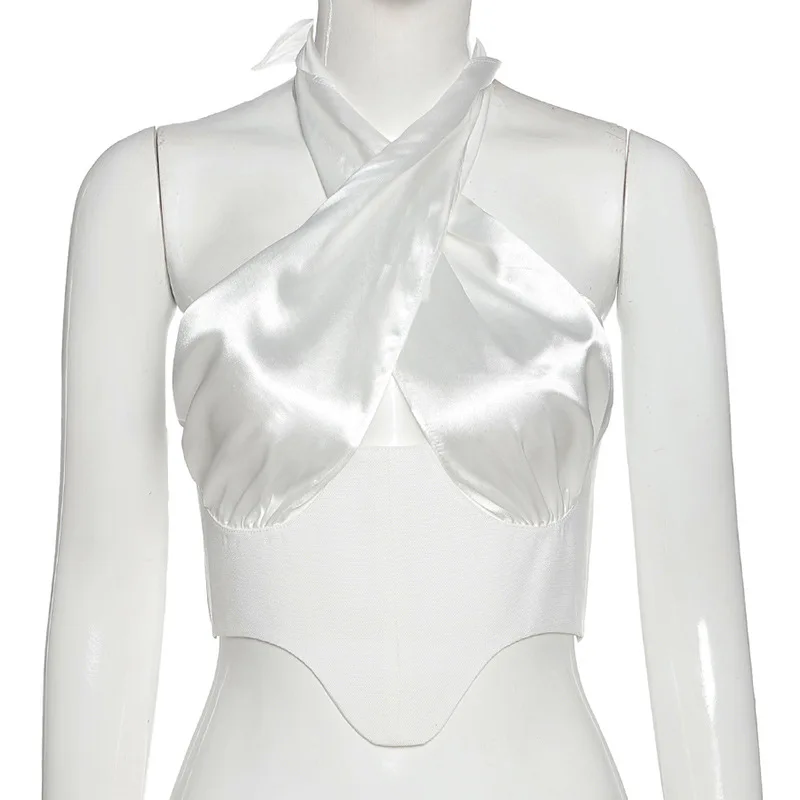 

Camis Tops 2021 Spring Women Halter Bandage Corset Satin Patchwork Hollow Out Tank Casual High Street Sexy Bustier Underwear