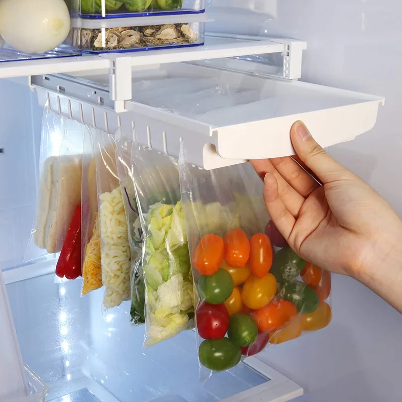 

Hanging Storage Rack Refrigerator Hanging Storage Clip Sliding Rail Tray for Food Bag Zip-bag Fresh Holder