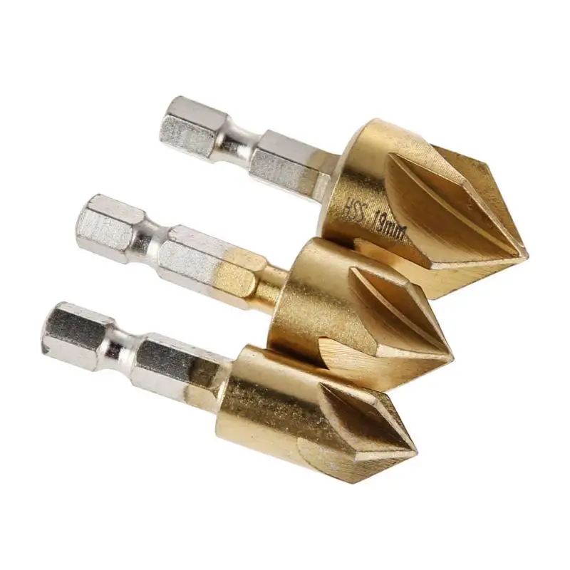 

3pcs 5 Flutes HSS 1/4 Inch Hex Shank Chamfer Cutter 12/16/19mm Countersink