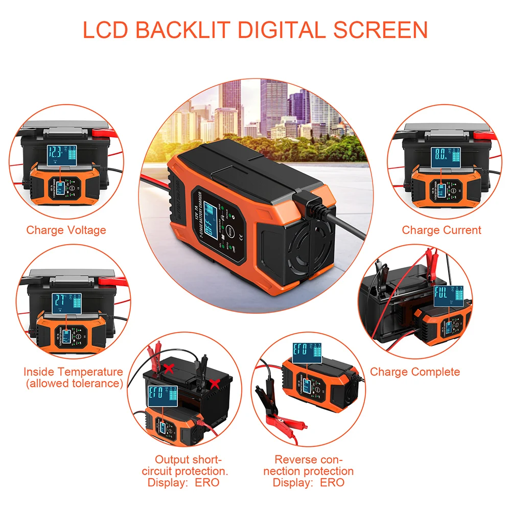 foxsur battery charger 12v 7 amp charger for cars7 stage automatic smart motorcycle charger for lead acid agm gel sal wet free global shipping