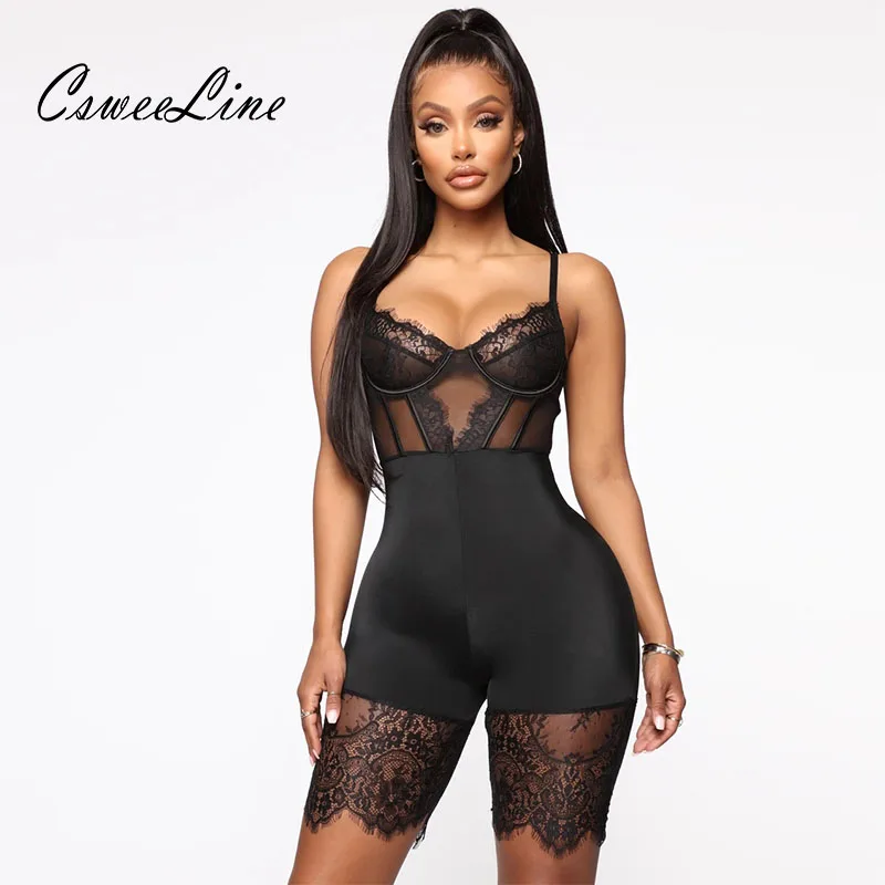 

New patchwork lace sexy rompers women hollow out night club body mujer lingrie short jumpsuits chic black bodysuits dropshipping