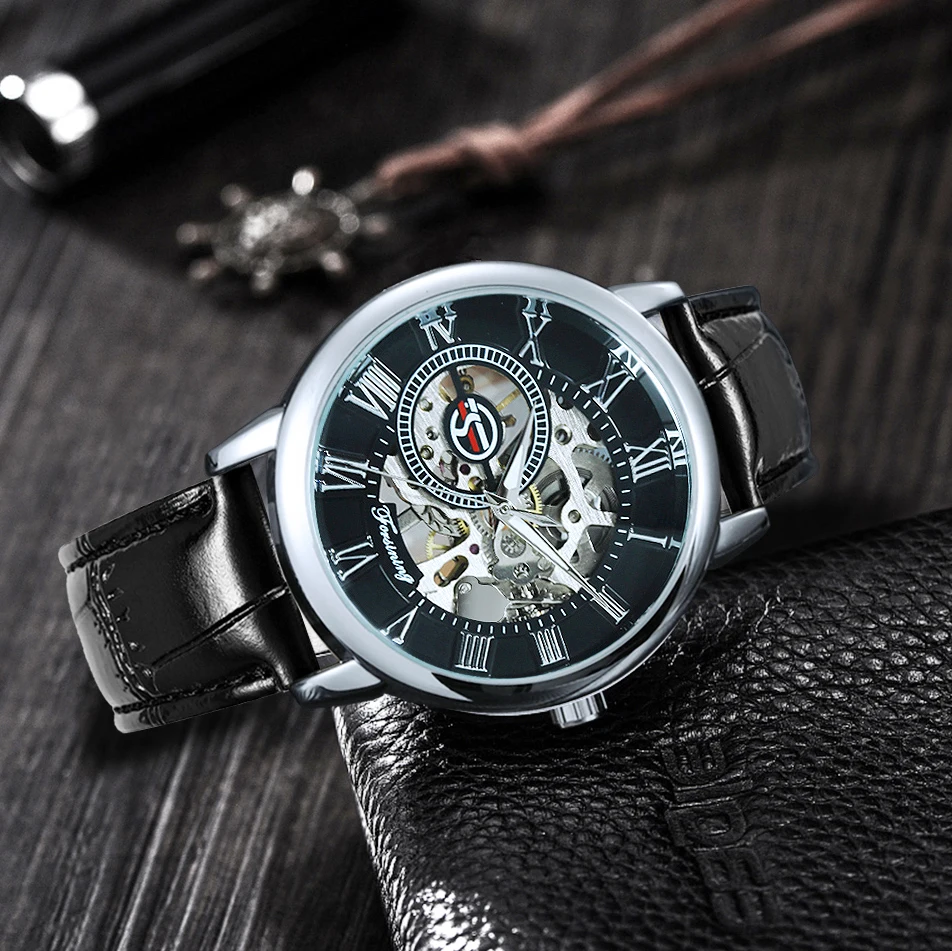FORSINING Роскошные Мужские механические часы с кожаным ремешком Модные