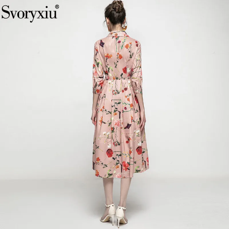 

Svoryxiu 2021 New Women's Spring Summer Elegant Flower Print Dress Women's Fashion 3/4 Sleeve Mid-Calf Dresses Vestdios