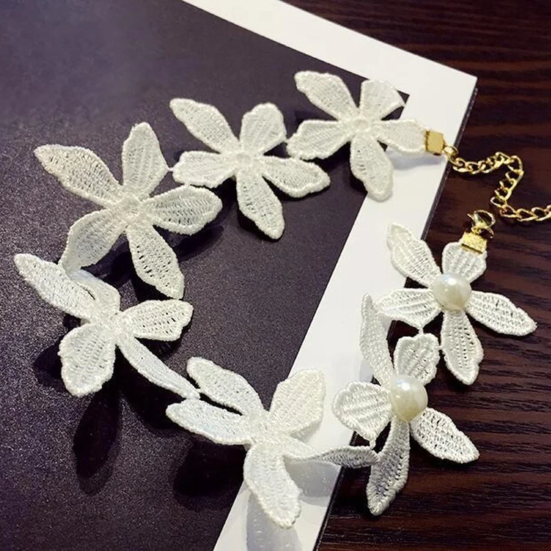 Imitation Pearl Stitching Flowers Choker Necklaces Fashion Handmade White Lace Collar Short Necklace | Украшения и аксессуары