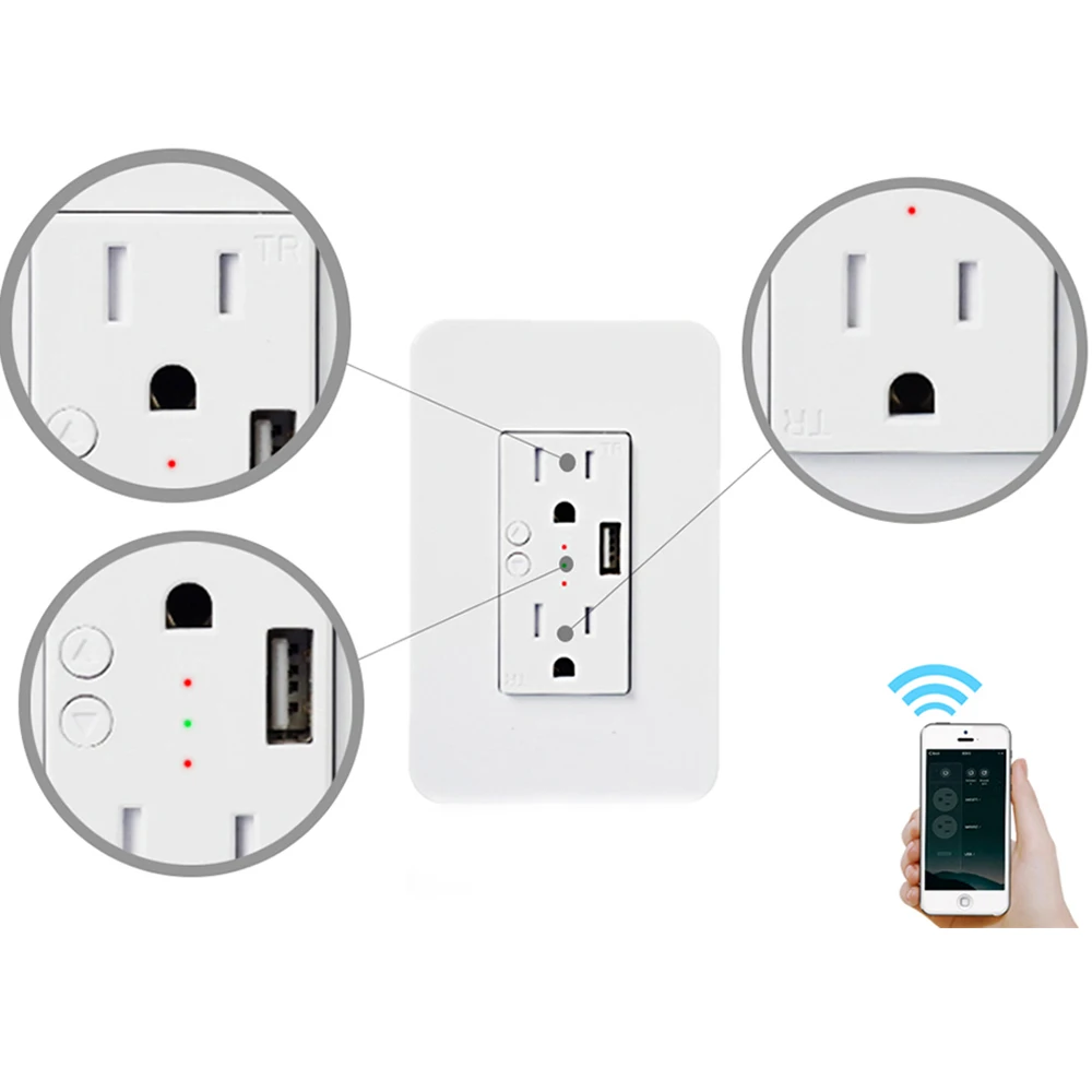 Wi-Fi Smart Wall Power Outlets Plug с 2 USB разъемами Life/Tuya APP дистанционное управление в любом