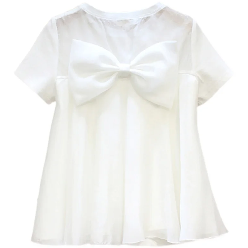

2021 Fashion Big Bow Designed O-neck Tshirt Women Chic Mesh Patchwork Woman Tshirts New Summer Short Sleeve Ladies Top