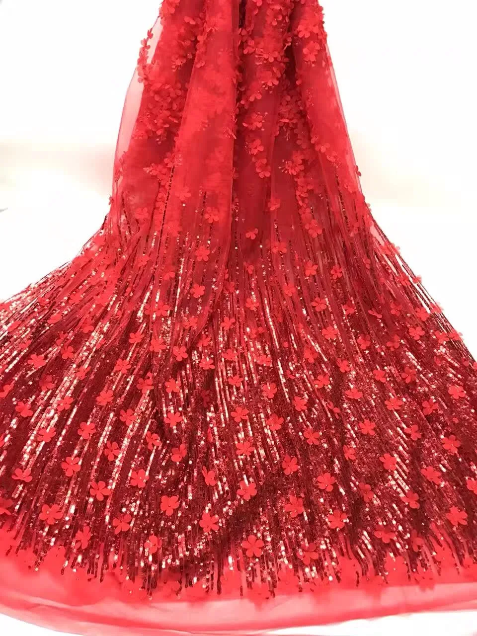 

French Net Lace Fabric 2021 Latest african guipure lace fabric with embroidery Sequins mesh tulle fabric Red ALC-J1109