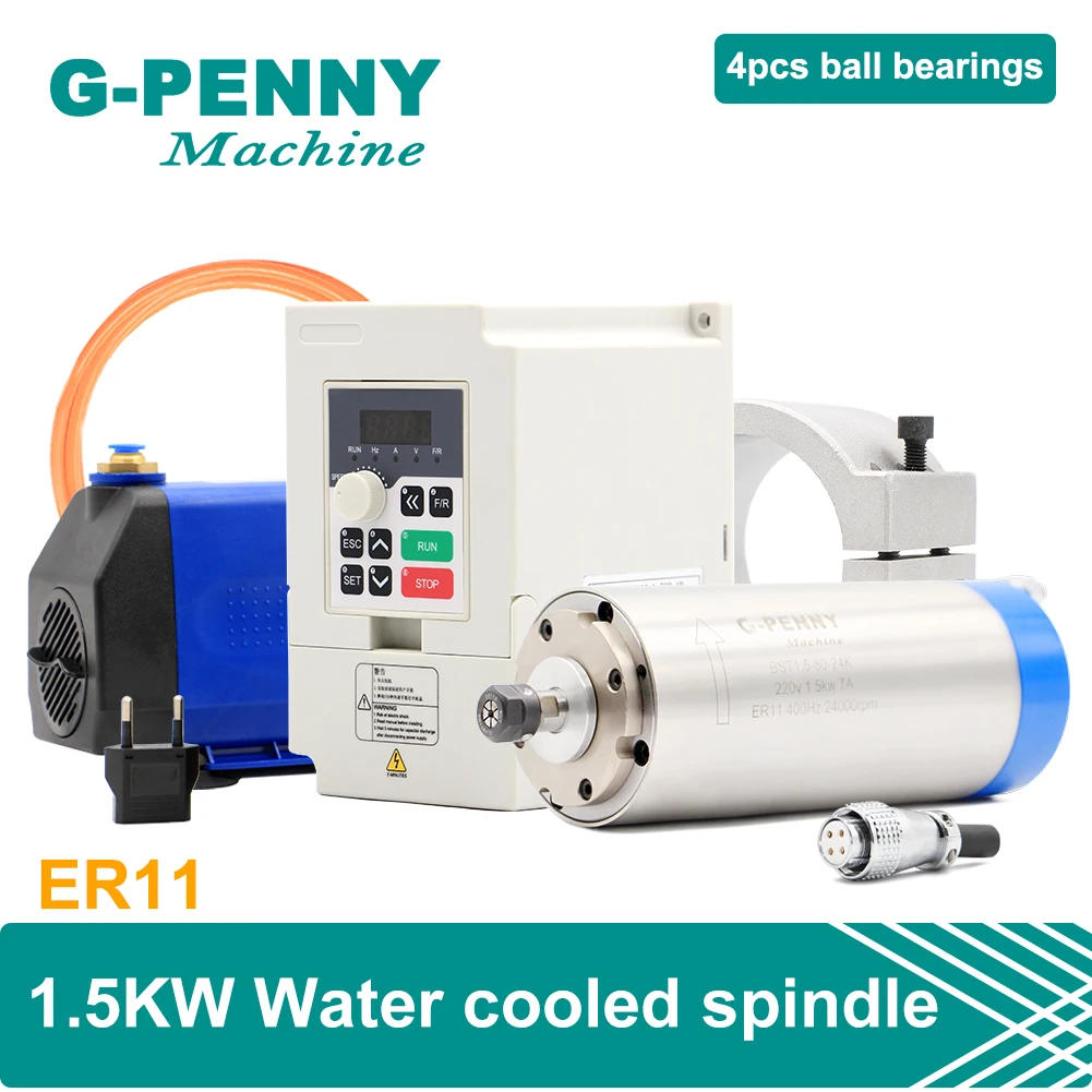 

G-penny CNC 1.5kw ER11 Water Cooled Spindle Motor 4 pcs Bearings 0.01mm Accuracy & 1.5kw Inverter & 80mm Holder & 75w Water Pump