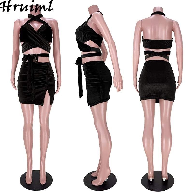 

Set Woman 2 Pieces Solid Color Criss-corss Bandage Tops Mini Skirt Hem Split Women's Clothing 2021 Summer Sexy Party Women Sets