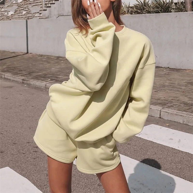 

Женский спортивный костюм с круглым вырезом, Повседневная Толстовка с длинным рукавом и свободные Мини-шорты, комплект из двух предметов, ...