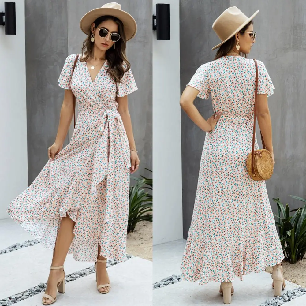 

Hot Sales Fashion Women V Neck Short Sleeve Polka Dots Print Ruffled Hem Belt Long Dress