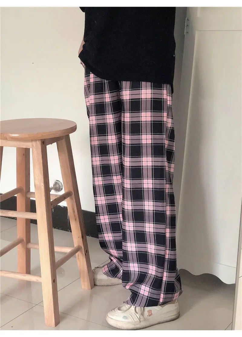 Black and pink Plaid pants Oversize New Women Casual Loose Wide Leg Trousers Ins Retro Teens Straight Hiphop Streetwear | Женская одежда