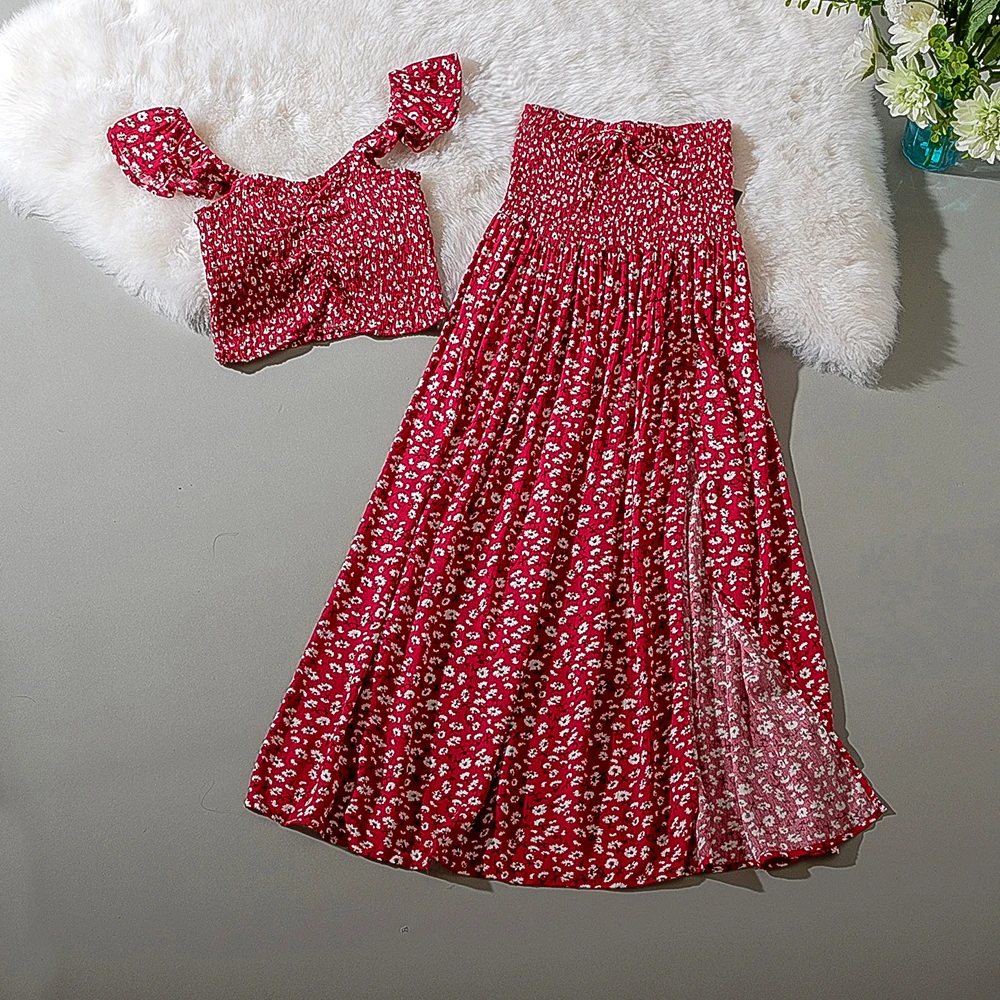 Cthink вискоза летнее платье в цветочек пурпурный Топ и длинная юбка Комплект из 2