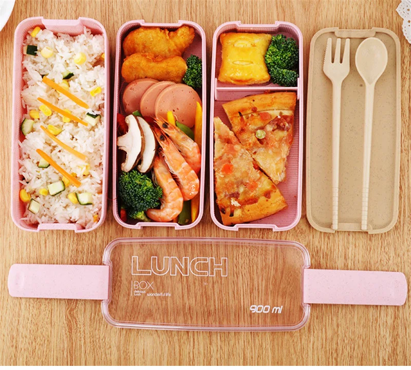 900 мл здоровый материал Ланч-бокс 3 слоя пшеничной соломы Bento коробки микроволновая посуда контейнер для хранения продуктов Ланчбокс с ложкой