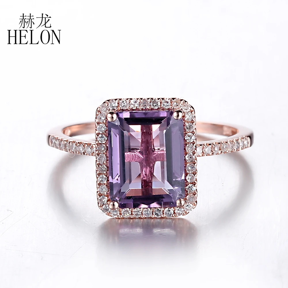 

ELON Solid 14k Rose Gold Emerald Cut 9x7mm Genuine Purple Amethyst Diamond Engagement Wedding Ring Women Fine Jewelry Best Gift