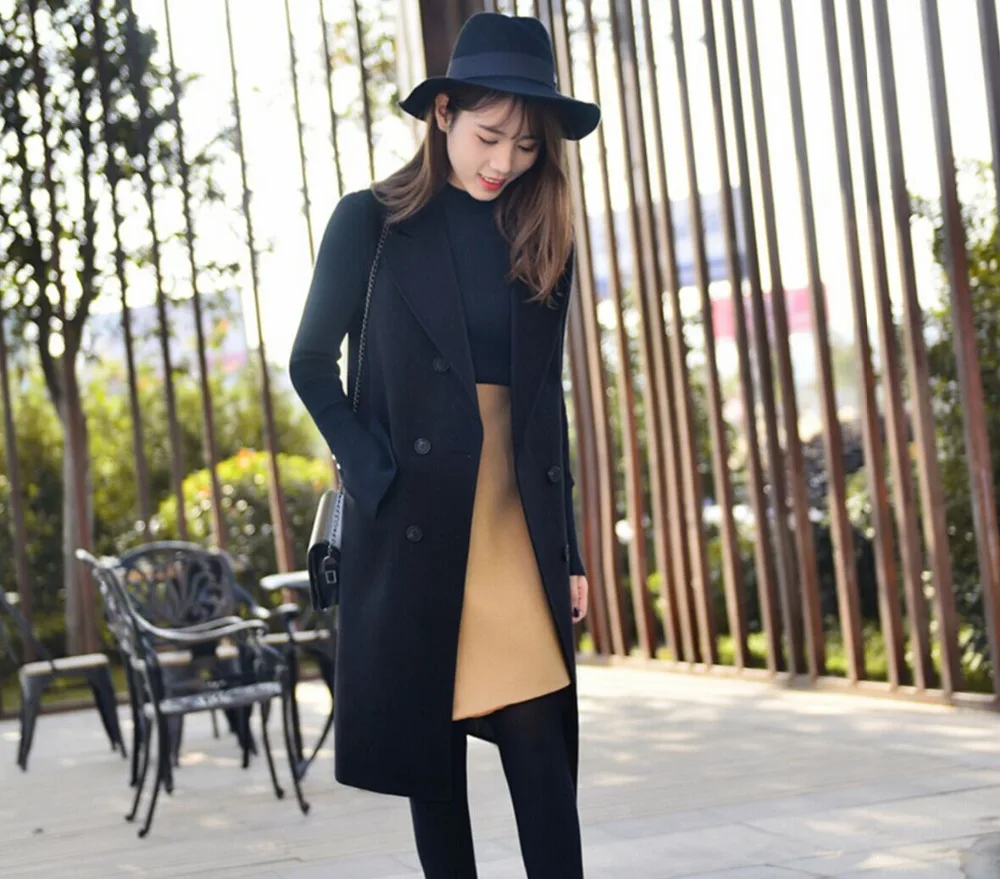 Двубортный зубчатый длинный жилет однотонный Длинный женский хаки с карманами