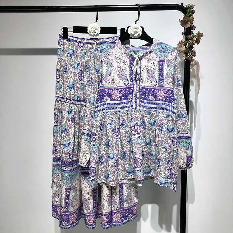 BOHO вдохновленная блуза Boho с цветочным принтом, с длинным рукавом и О-образным вырезом, богемные свободные женские топы, повседневные шикарные весенне-летние блузки