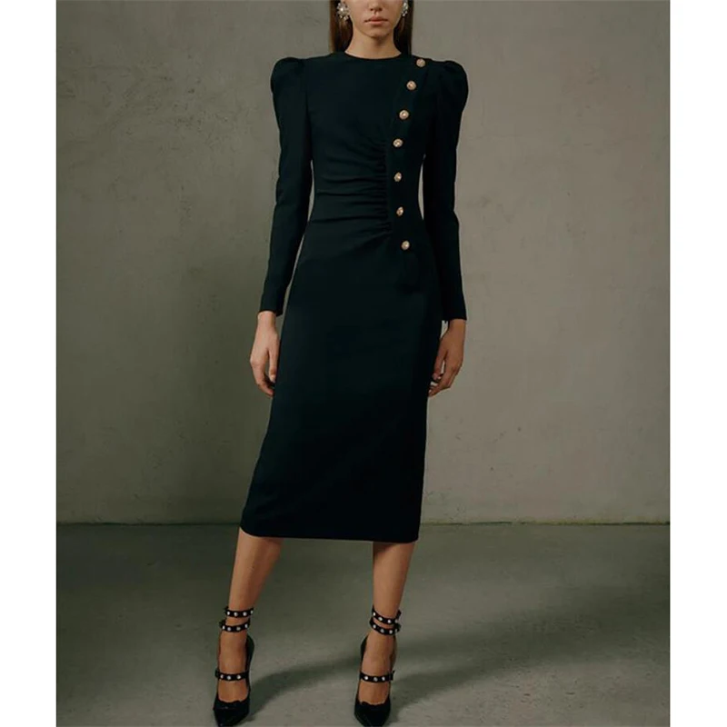 

Runway Designer Dress 2021 High Quality Sping Autumn Women O-Neck Long Sleeves Buttons Velvet Elegant Dresses NP1298J