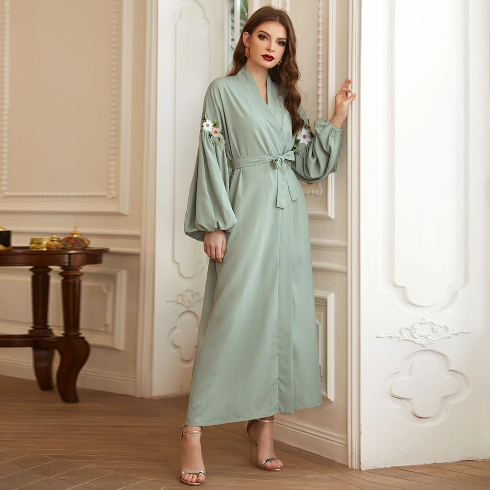 

Embroidery Opened Abaya Kimono Dubai Kaftan Muslim Cardigan Abayas Dress Women Casual Robe Femme Caftan Islam Clothes With Belt