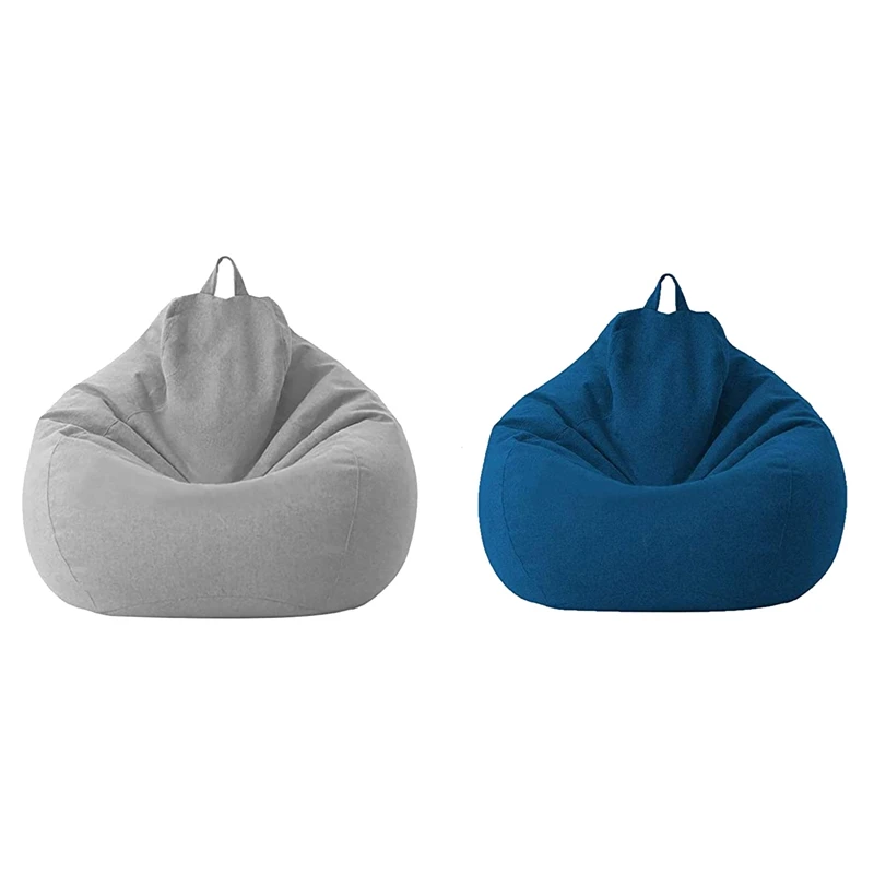 

2X Lazy Sofa Cover Unfilled Linen Recliner Seat Bean Bag Puff Sofa Tatami Sofa Cover Household Items Light Gray & Blue