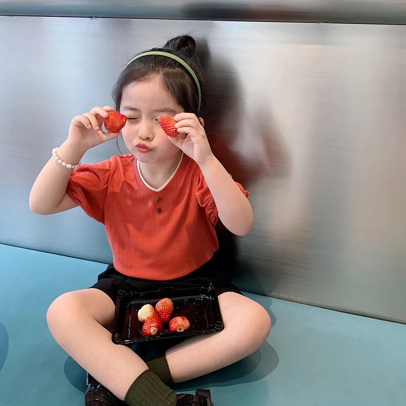 

Mila Chou 2021 Summer Girls Printed Pleated Skirt Shorts Children's Knitted V-neck T-shirt Kid Short Skirt T-shirt Matching 2-8Y