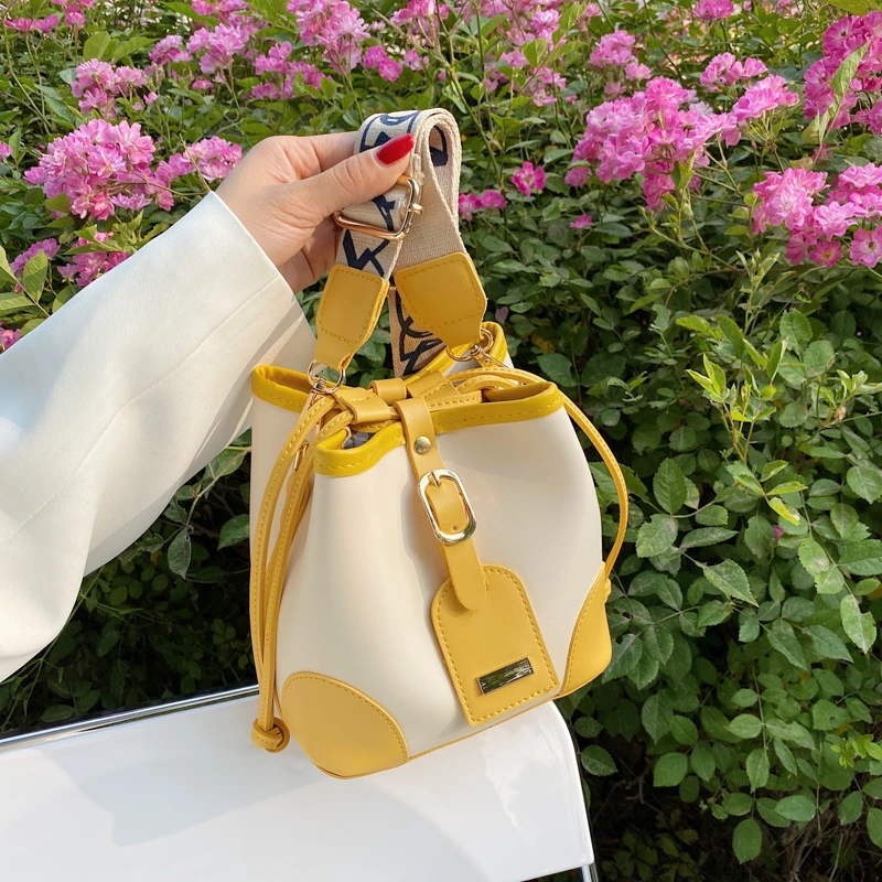 

Patchwork Bucket Bags Drawstring Small Soft PU Leather Shoulder Bag For Girls 2021 New Summer Women's Bag Wide Shoulder Strap