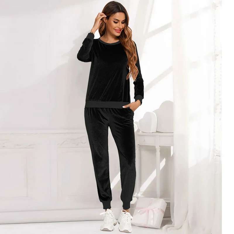 

2pcs Pajamas Sportwear Women Tracksuit Solid Color Pants Set Leisure Wear Lounge Wear Suit O-neck Sweatshirt Sweatpants homewear