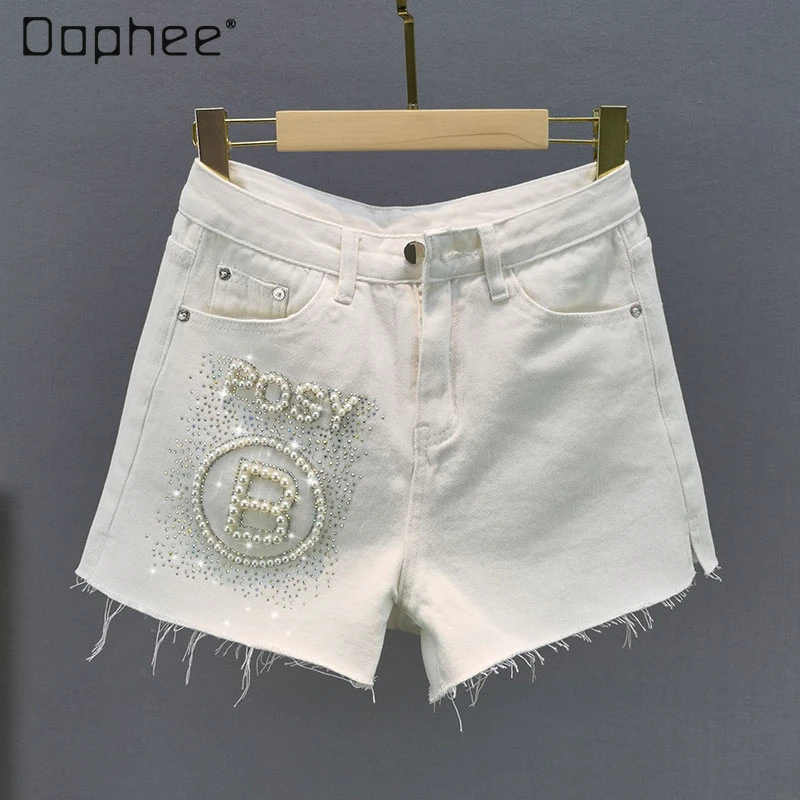 

Женские джинсовые шорты с высокой талией, белые свободные джинсовые шорты с широкими штанинами и бусинами, лето 2022