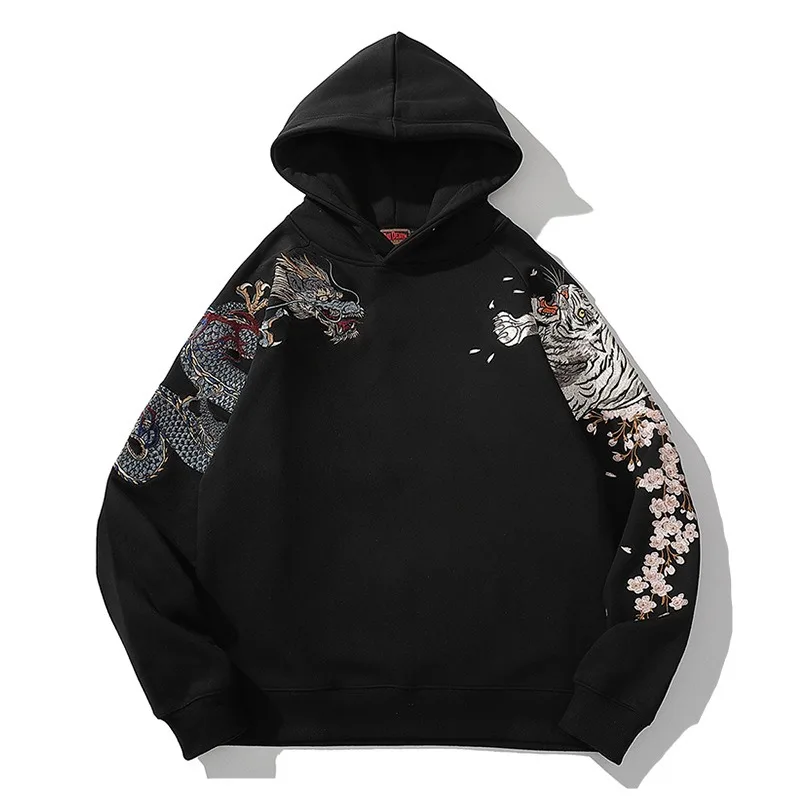 

2021 Men's Autumn Fleece Hoodies Japanese Embroidery Hooded Sweatshirts Dragon Phoenix Vintage Totems Pullover Streetwear Tops