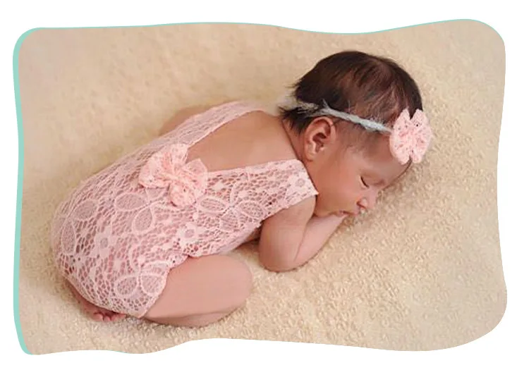 Accesorios de fotograf&iacute;a para reci&eacute;n nacido, Pelele de encaje para beb&eacute;, conjunto de diadema, accesorios de fotograf&iacute;a para beb&eacute; ni&ntilde;a, ropa con lazo, disfraz de Color s&oacute;lido-0