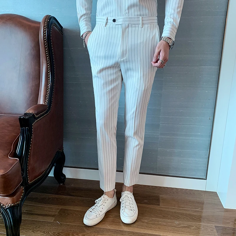 Красные брюки мужские костюмы элегантные в полоску деловые облегающие строгие