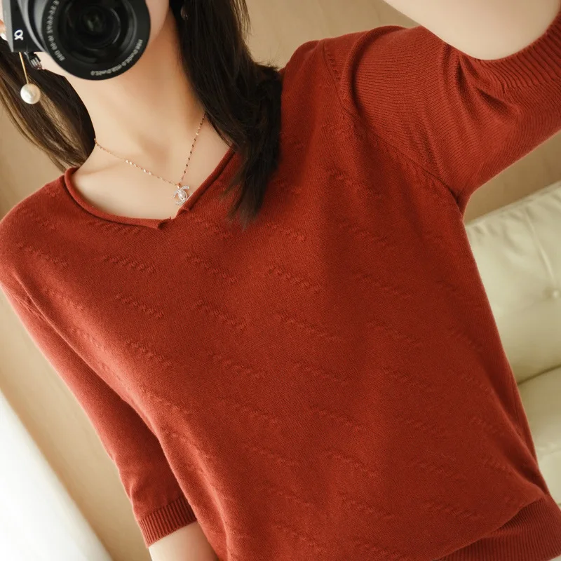 

100% Cotton Half-sleeved Women's T-shirt High Quality Knnited Women Tshirt Solid Color V-neck Pullover