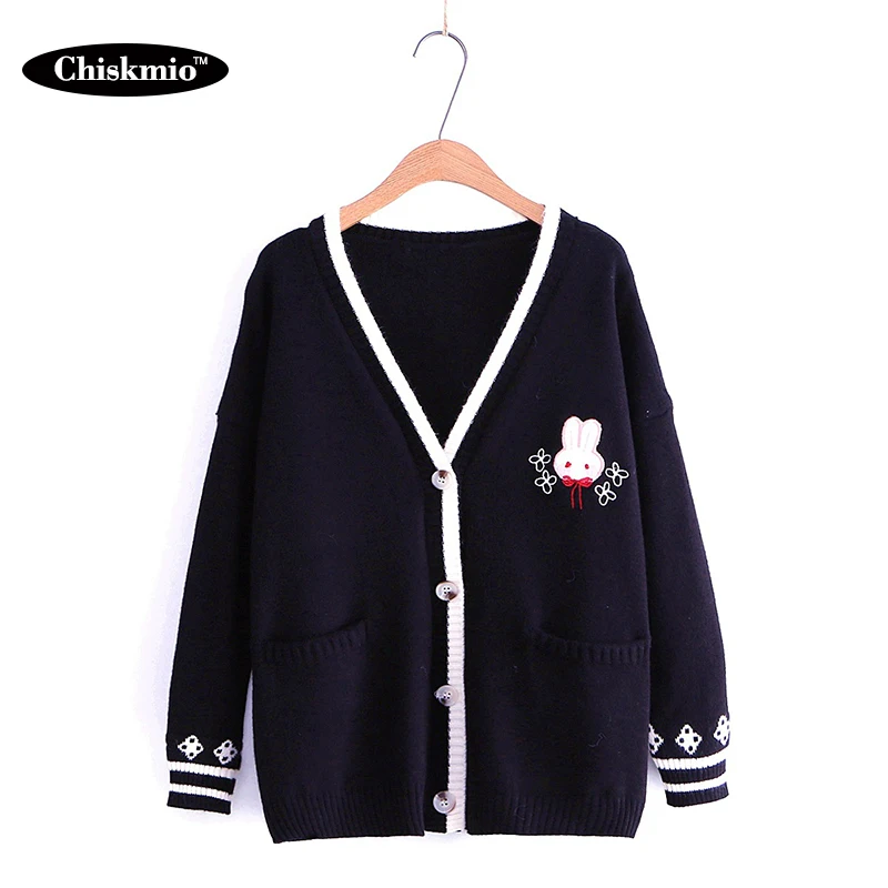 

V-Neck Double Pocket Cardigan Female Clothes Rabbit Embroidery Long-Sleeve Sweater Women Loose Buttons Tops Casual Sweater