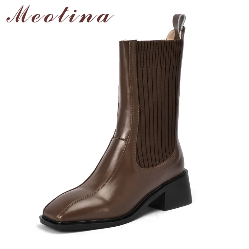 Meotina/Сапоги до середины икры из натуральной кожи на высоком каблуке Женская обувь