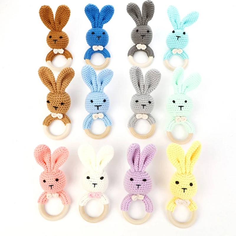

DIY Crochet Bunny Rattle Baby Wood Teether Ring Infant Teething Nursing Soother