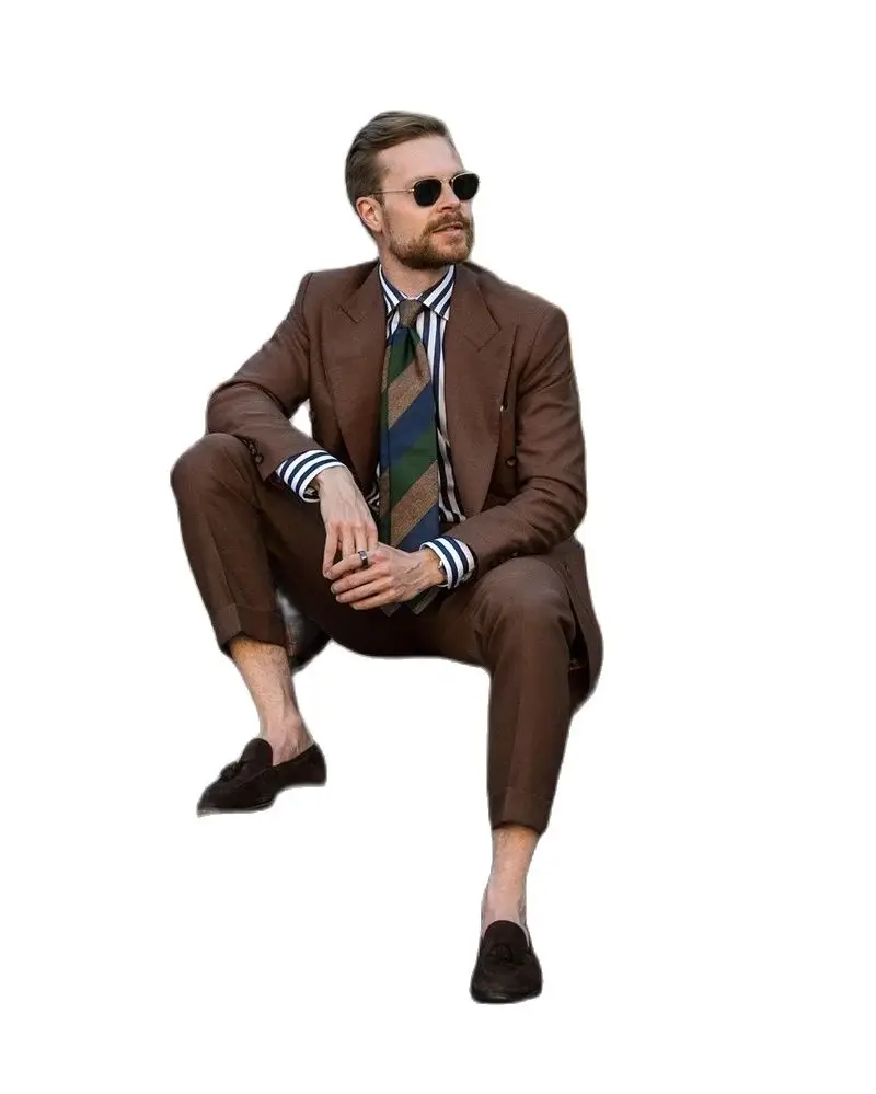 

Brown Peak Lapel Double-breasted Men Suits Wedding Tuxedo Slim Fit High Quality Groom Prom Custom Formal Business Wear 2 Pieces