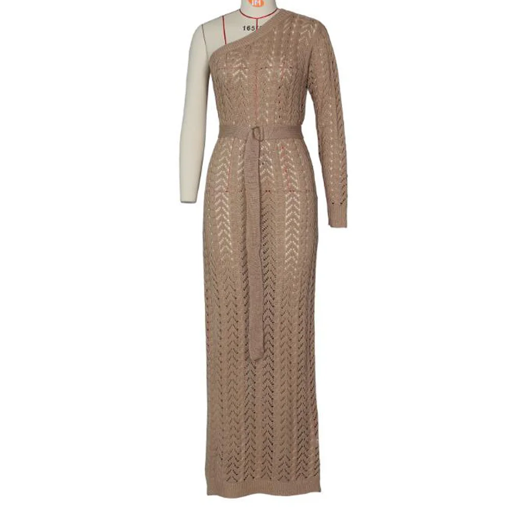 Женское летнее пляжное платье на одно плечо с длинным рукавом высоким разрезом