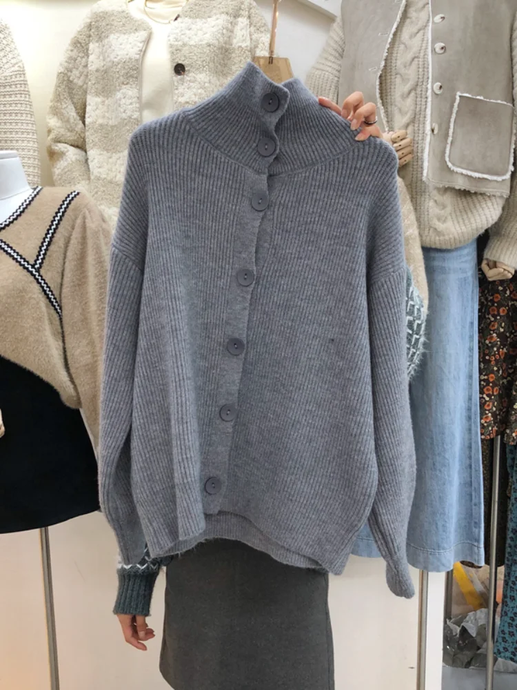 

Sweet Style Knitted Women Sweater Cardigan Winter New 2021 Turtleneck Button Long-Sleeved Loose Thicken Warm Lady Outwear Coats