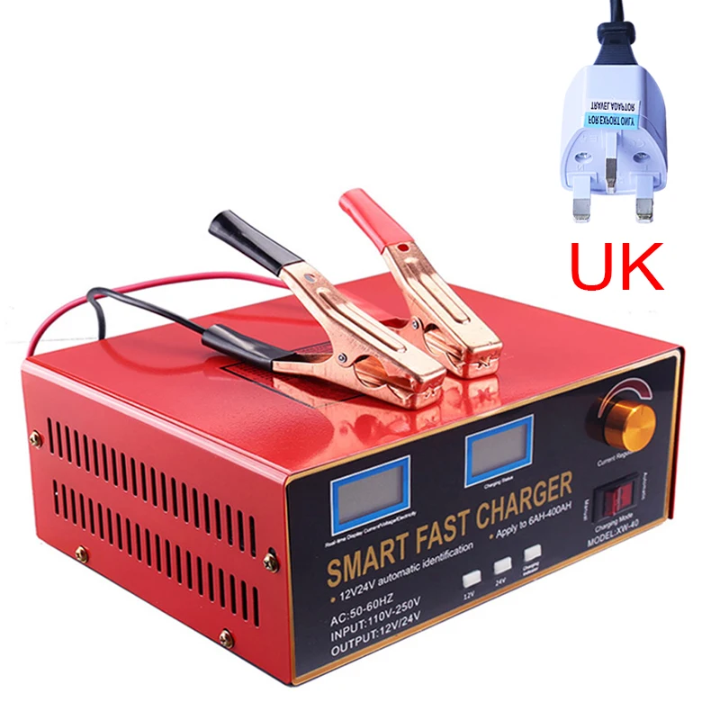 UK 600W 12V 24V 6-400AH автомобиля Батарея Зарядное устройство 12A 25A AGM гель свинцово-кислотная литий ионный для автомобилей и мотоциклов мА/ч. аккумулятор Питание - Цвет: UK