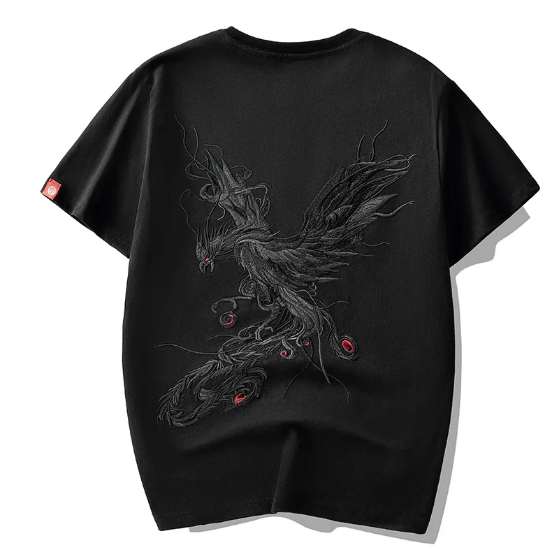

New style pure cotton trend loose short-sleeved t-shirt men's national tide Chinese style men's phoenix embroidery half sleeve