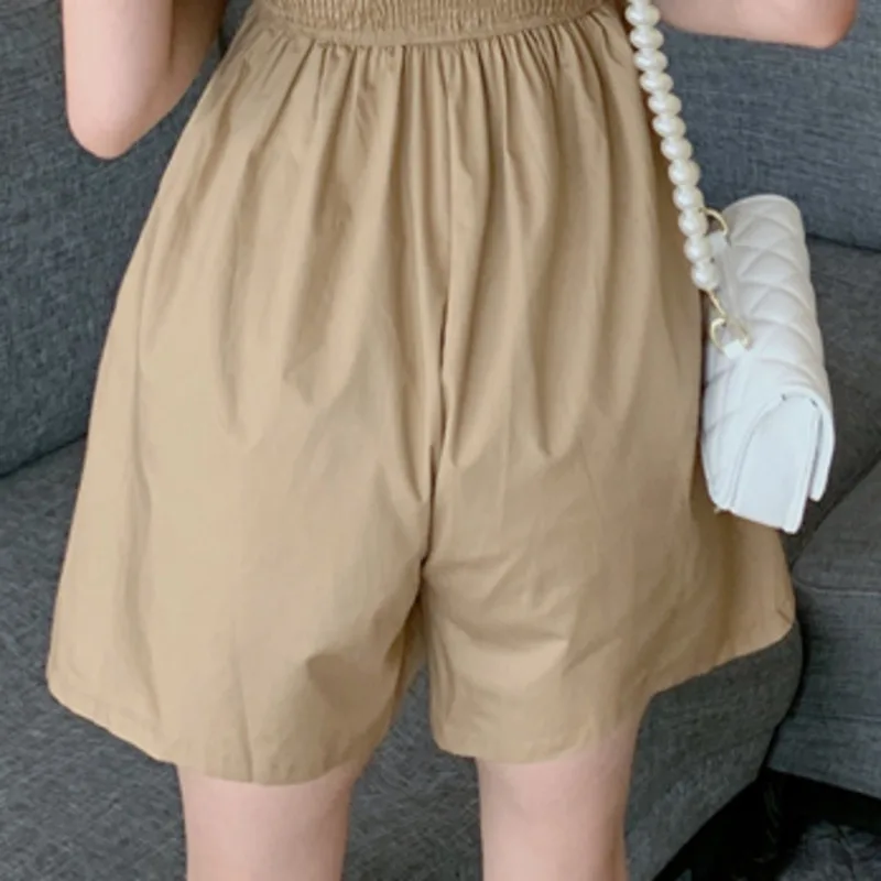 

2021 Summer Vintage Temperament Square Neck Playsuit Puff Sleeve Slim Waist Elegant Jumpsuit Wide Leg Shorts Fold Women Bodysuit