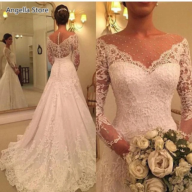 

Vintage Long Sleeve Country Wedding Dress A Line Sheer Neck Lace Pearls Beaded Spring Summer Autumn Bridal Gowns 2021