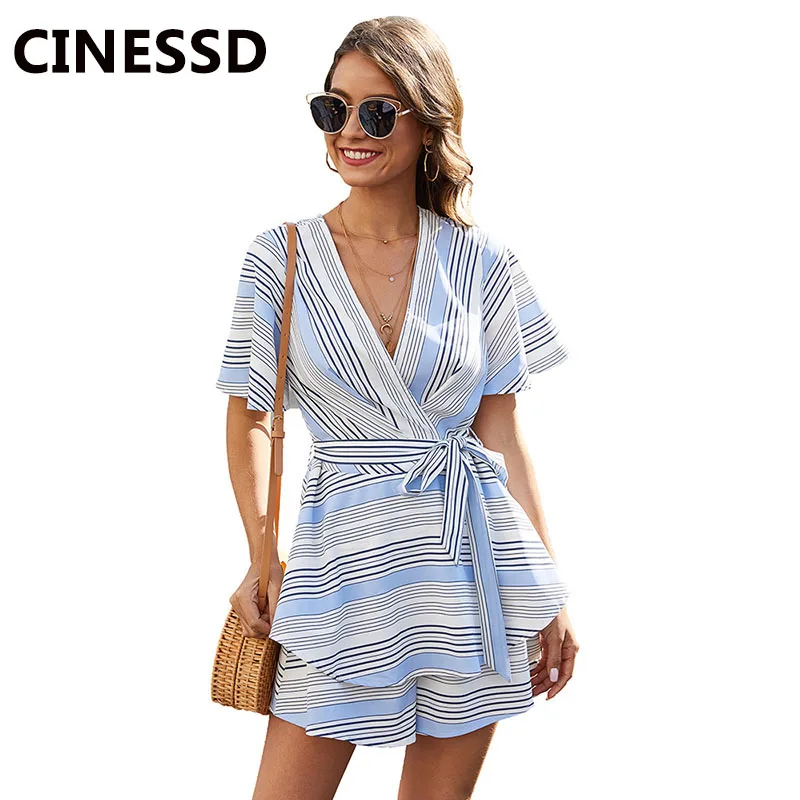 Женский комбинезон с V образным вырезом коротким рукавом и открытой