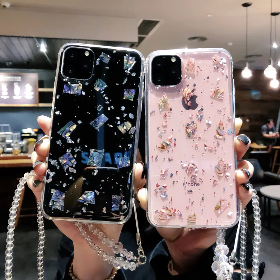 Цветной чехол из ТПУ с блестящими звездами и ракушками цепочкой ремешком на шею