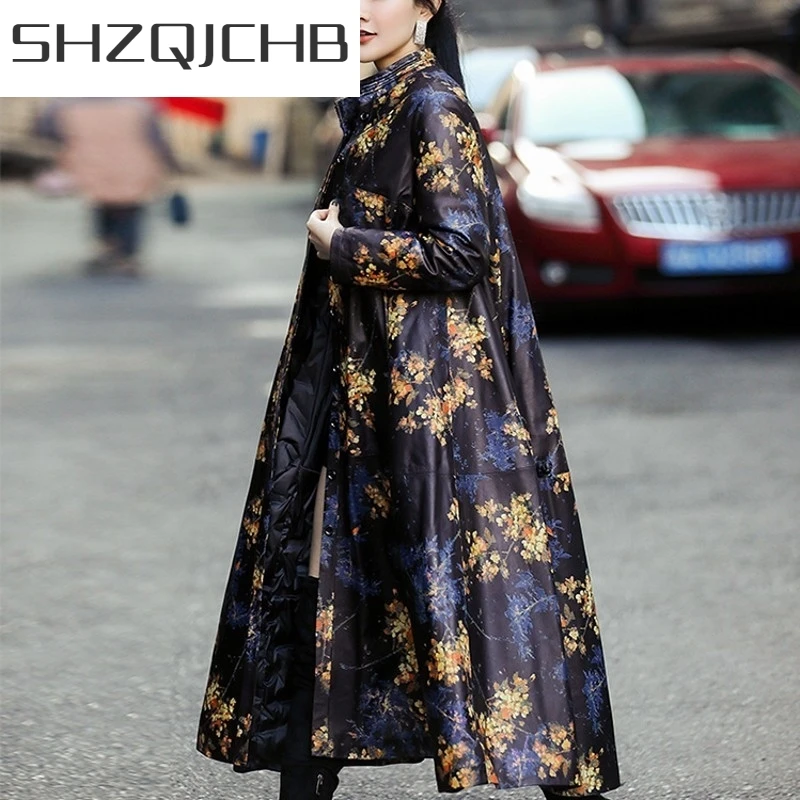 

JCHB 2021 Genuine Leather Women Down Coats Designer New Medium Length Printed Stand Collar Single Breasted Loose Female Trench C