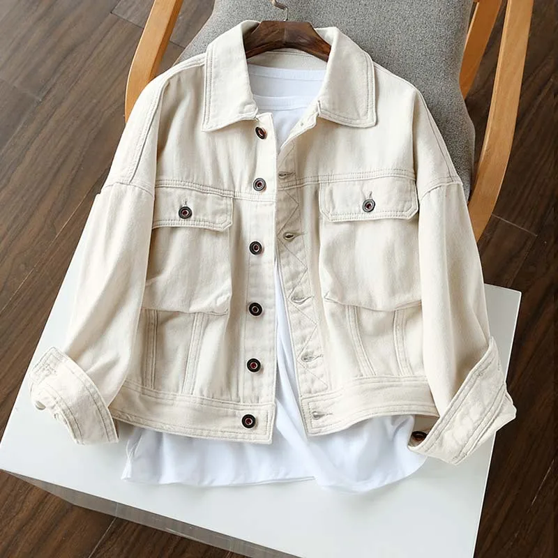 

Indie Milky White Denim Jacket Women Chic Lapel Single Breasted Loose Cowboy Jacket 2021 Spring Autumn New Fashion Sweet Outwear